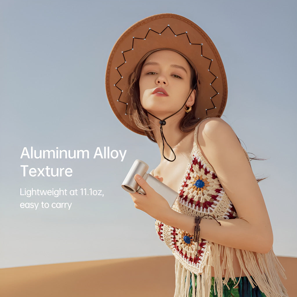 Woman wearing a straw hat and holding a metallic water bottle with text about aluminum alloy texture.