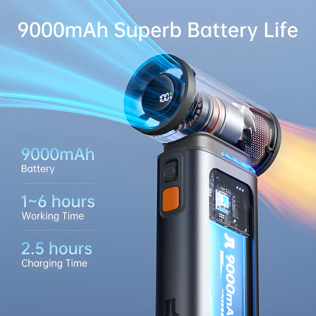 Portable device with 9000mAh battery life on a blue background