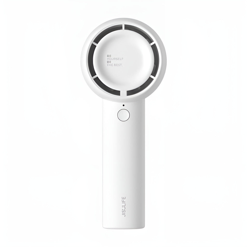White handheld fan with black accents on a white background