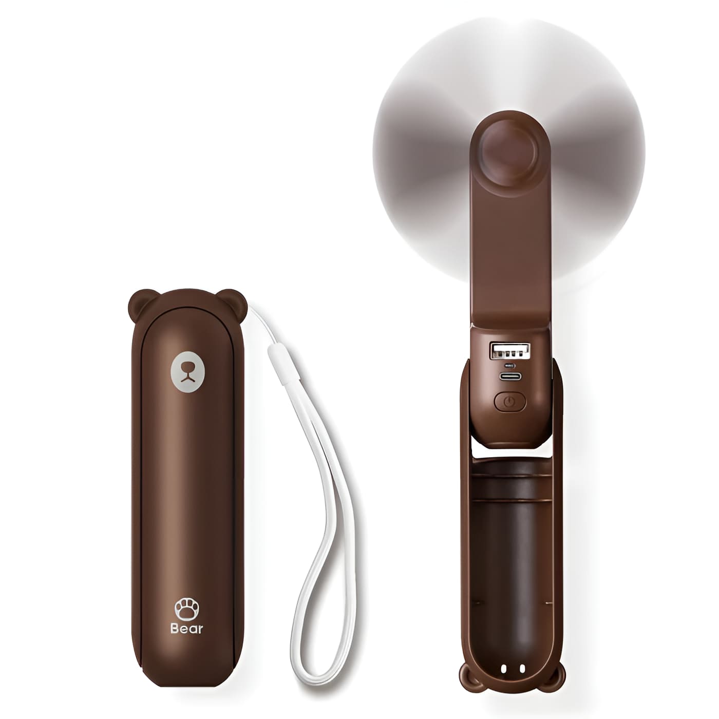 Brown electronic device with a strap and white cable on a white background