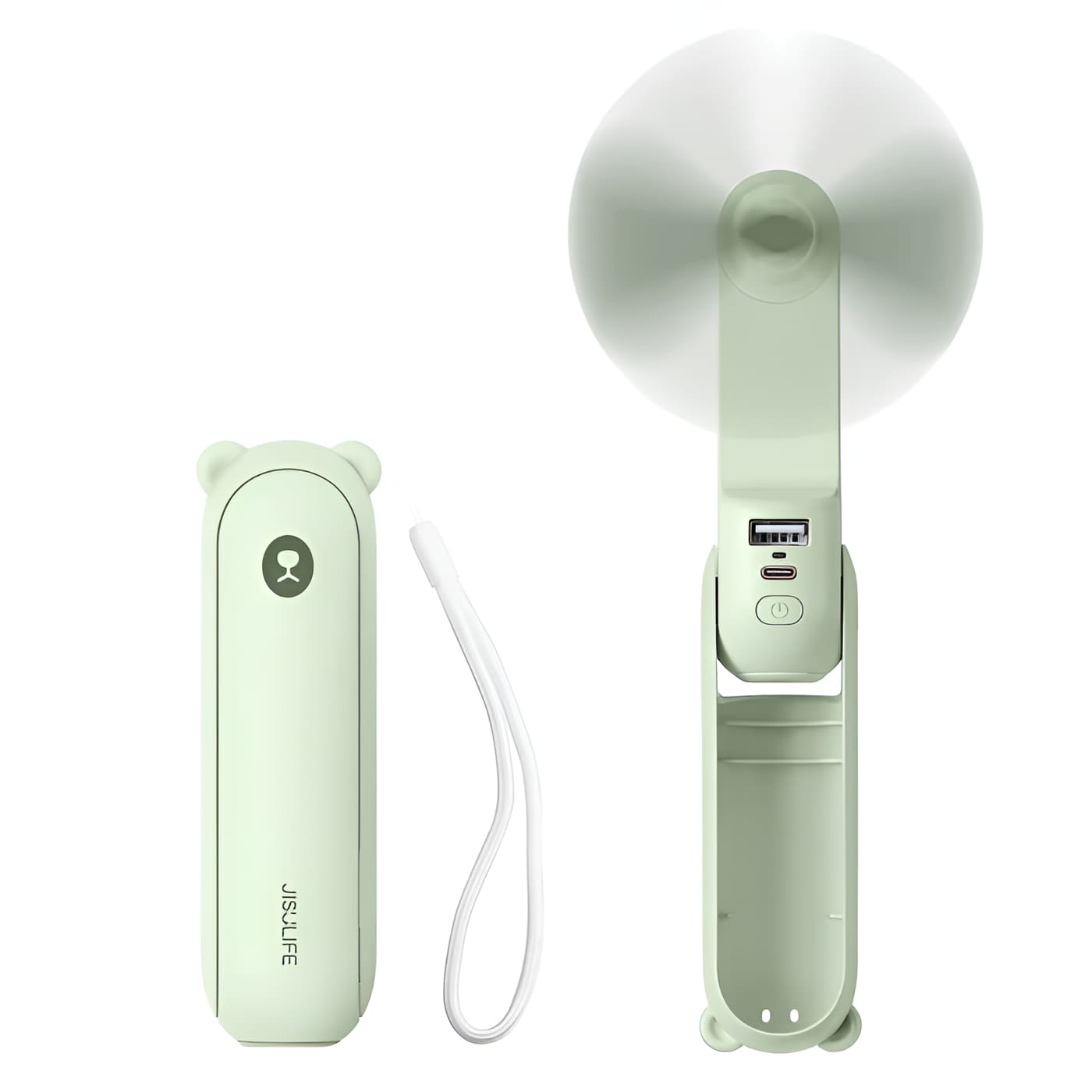 Mint green handheld device with USB cable on a white background