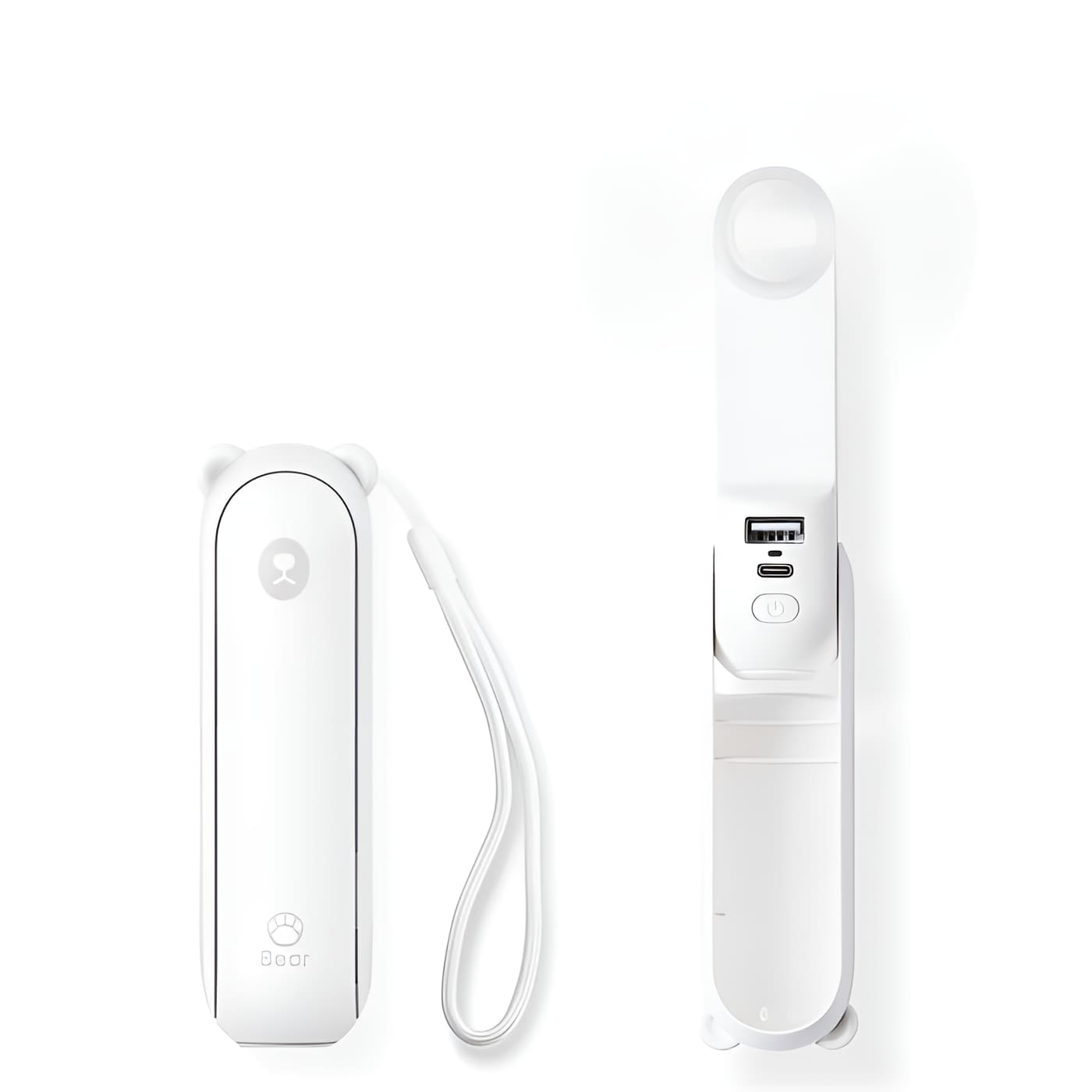 White electronic device with USB port and strap on a white background
