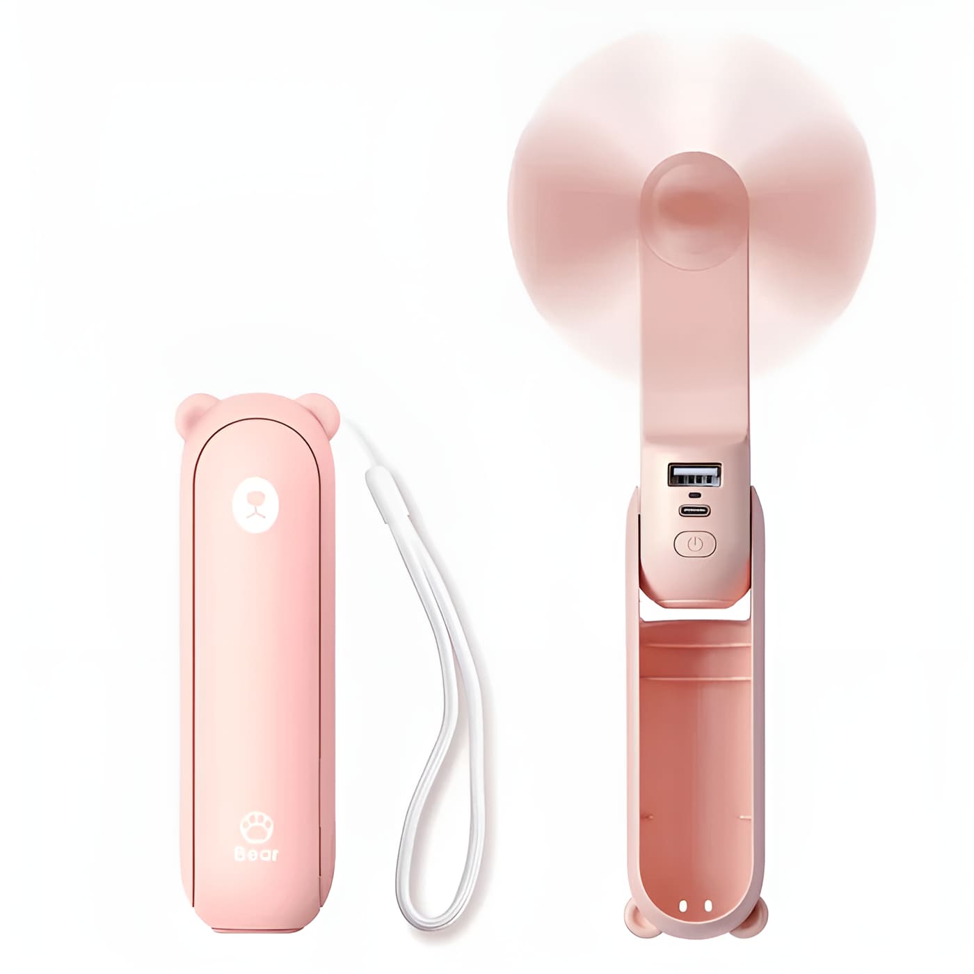 Pink handheld fan with USB charging cable on a white background