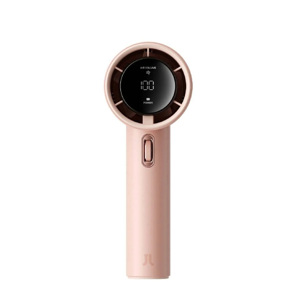 Rose gold handheld device with digital display on a white background