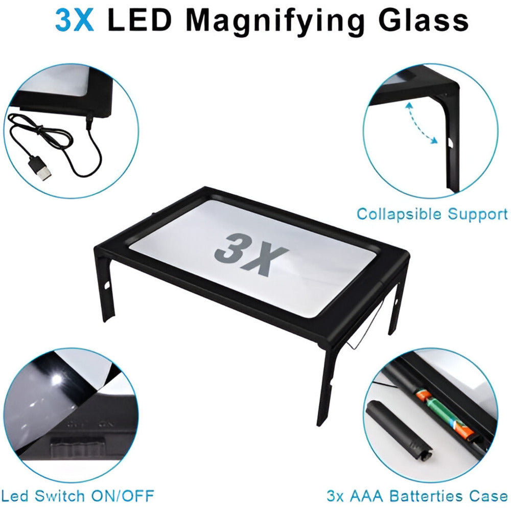 Handsfree Table Stand 3 x Foldable Reading Magnifier