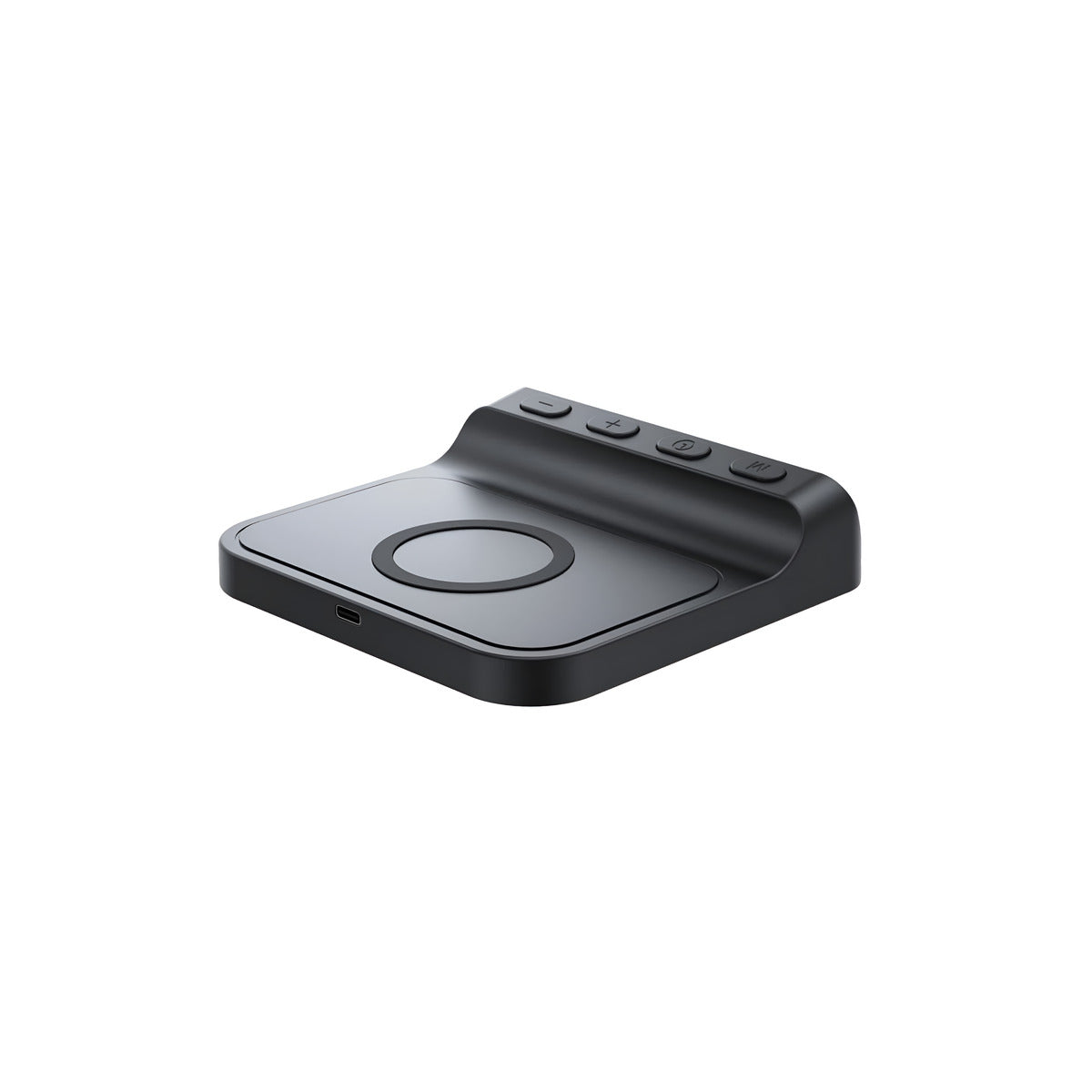 Black wireless charging pad on a white background