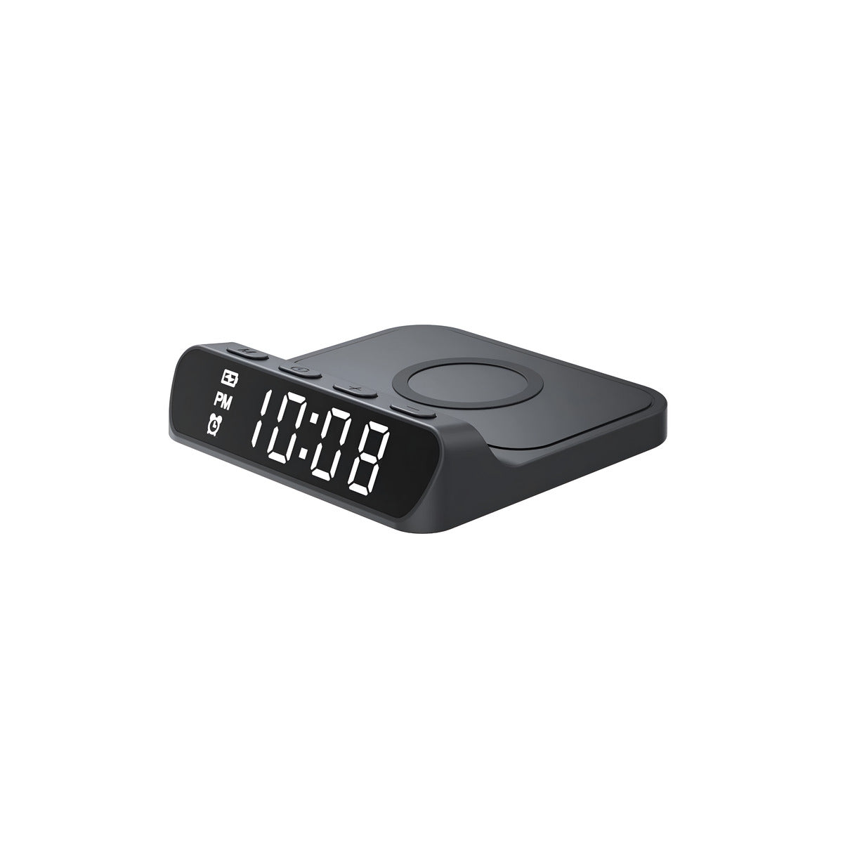 Black digital clock with wireless charging pad on a white background