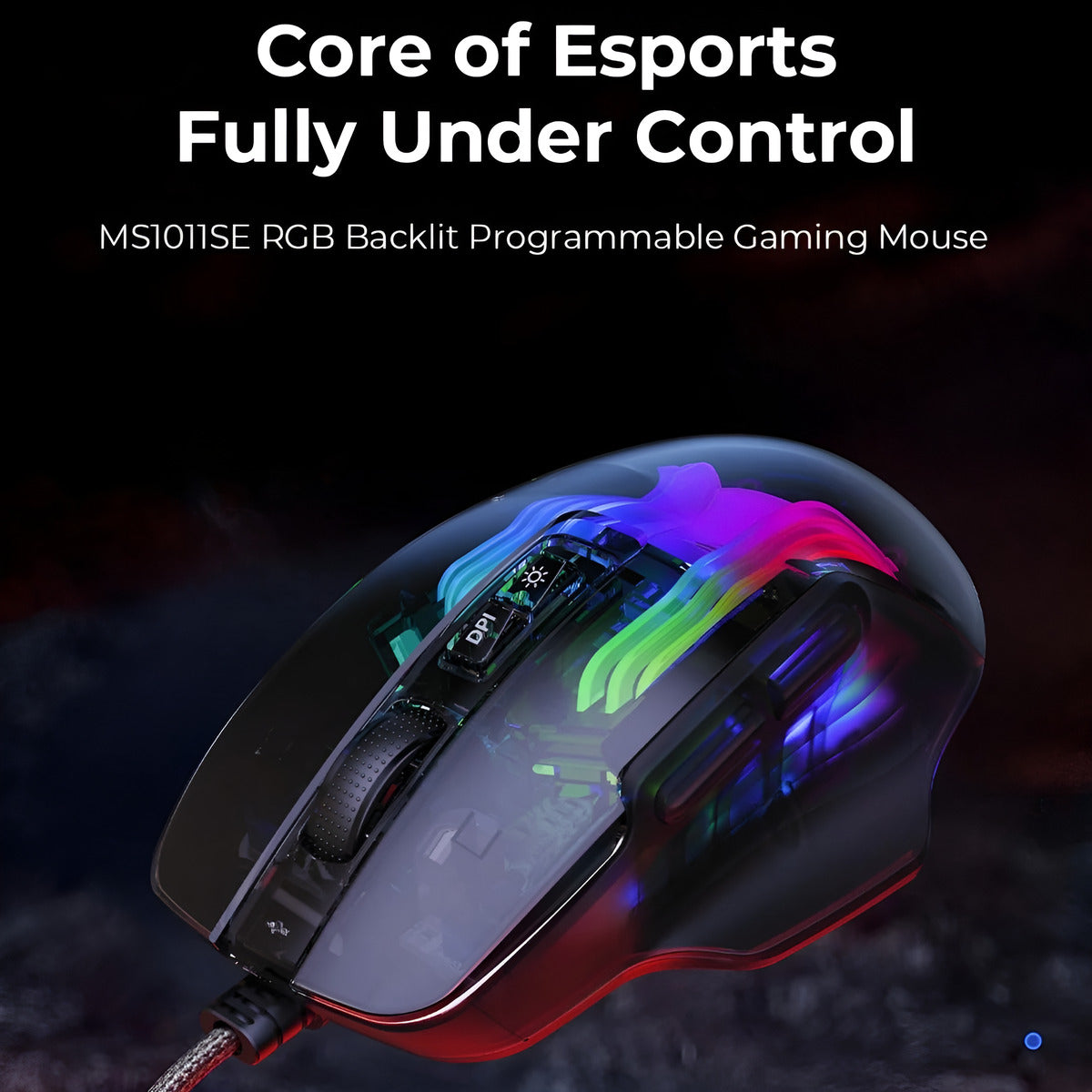 Gaming mouse with RGB lighting on a dark background, featuring text about its features.