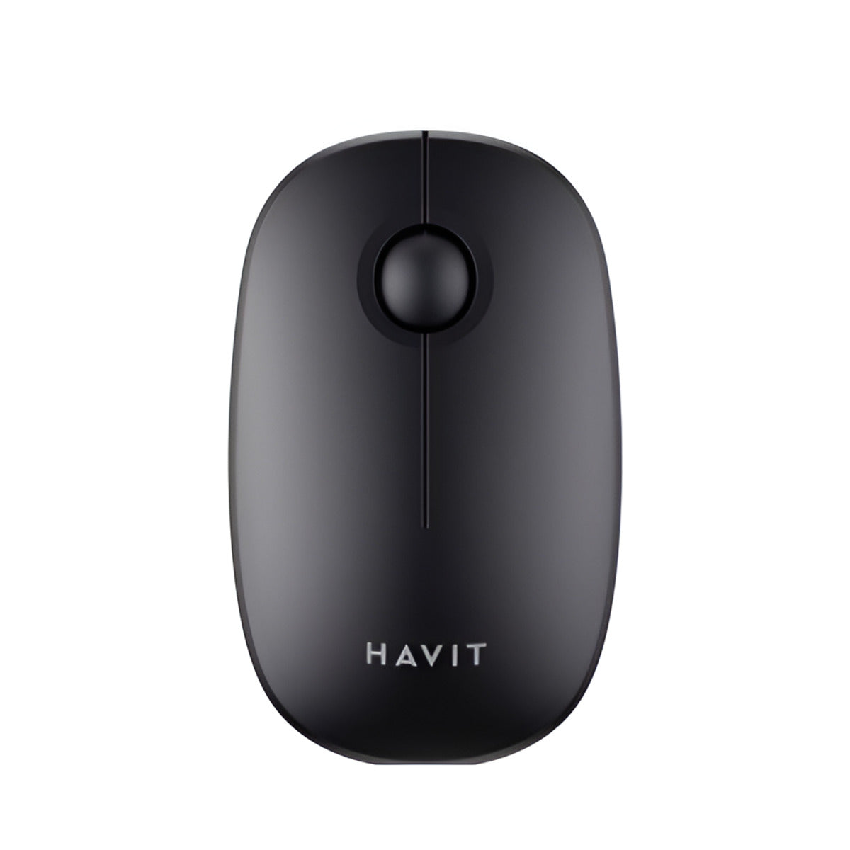 Black computer mouse with 'HAVIT' branding on a white background