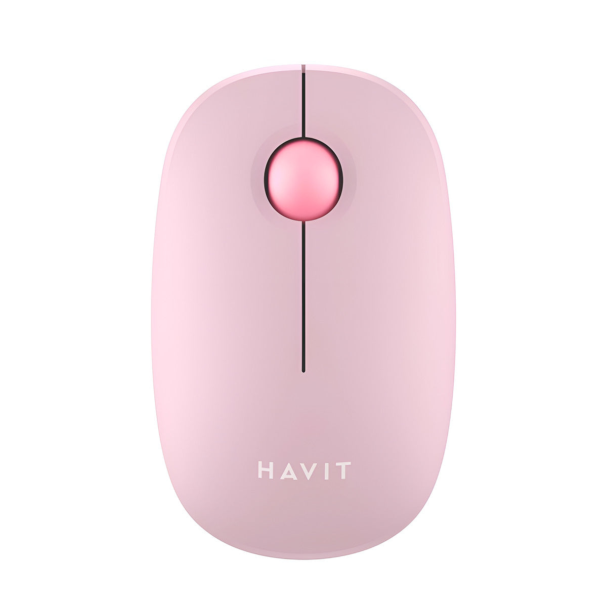 Pink computer mouse with 'HAVIT' branding on a white background