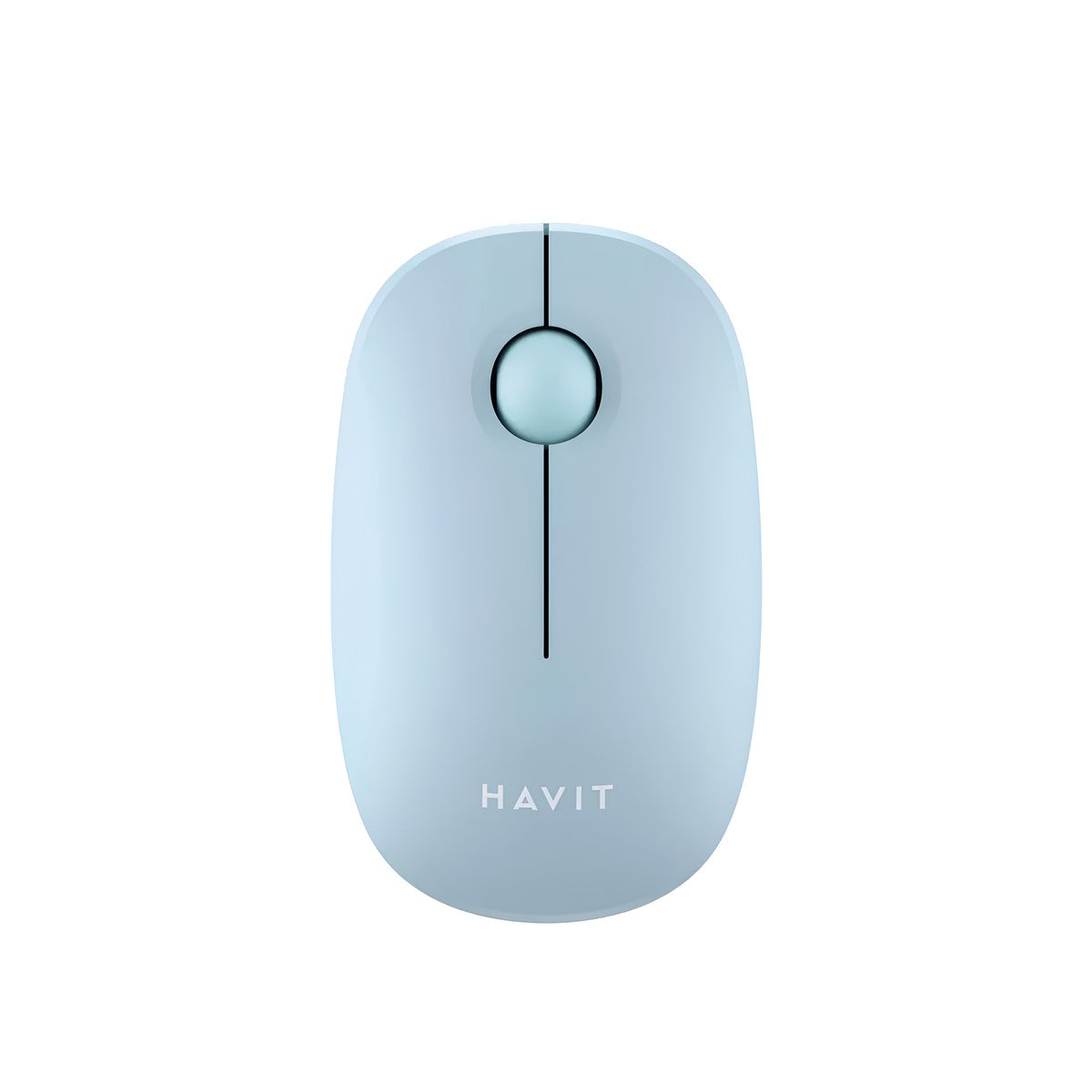 Light blue computer mouse with 'HAVIT' branding on a white background
