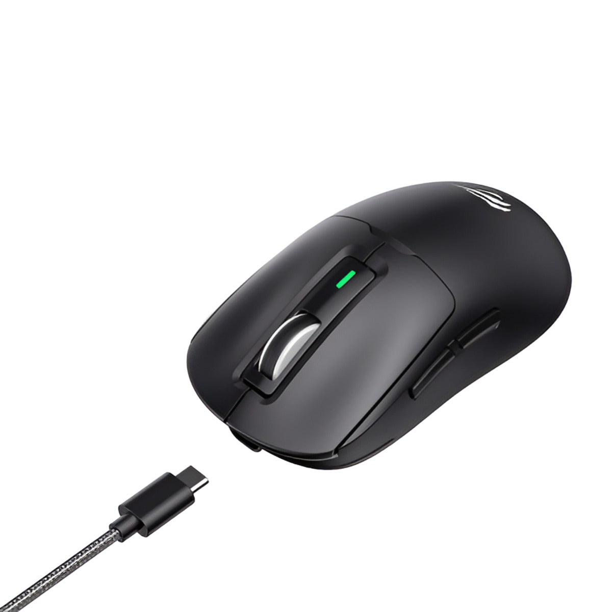 Black gaming mouse with USB-C cable on a white background