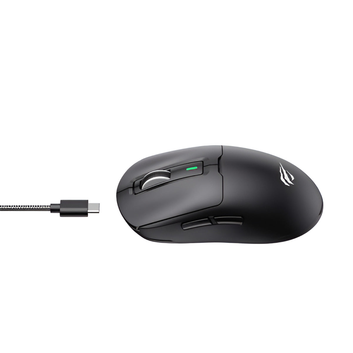 Black gaming mouse with USB cable on a white background