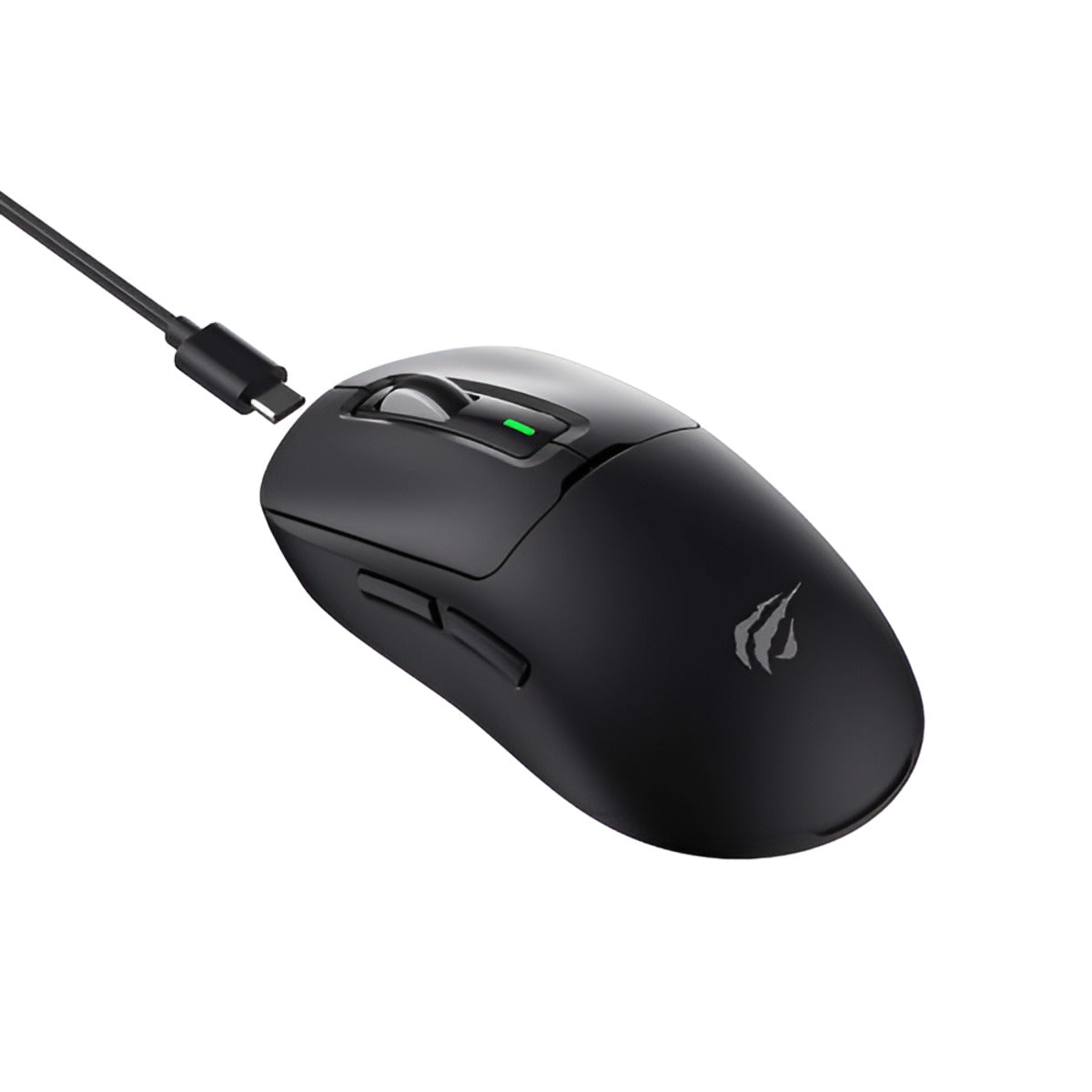 Black gaming mouse with visible brand logo on a white background