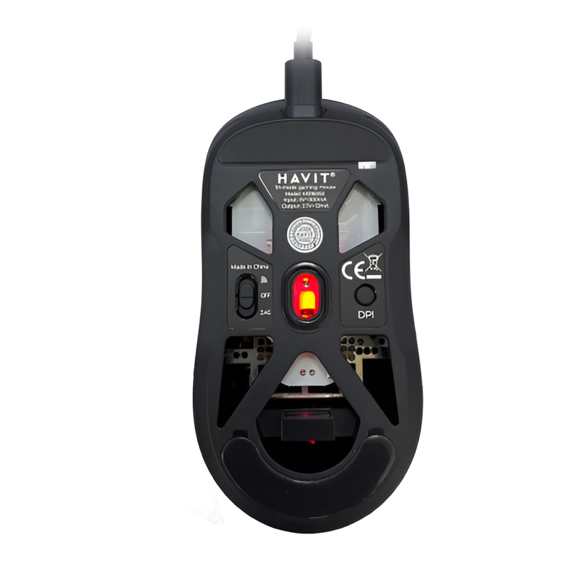 Black computer mouse with visible branding on a white background