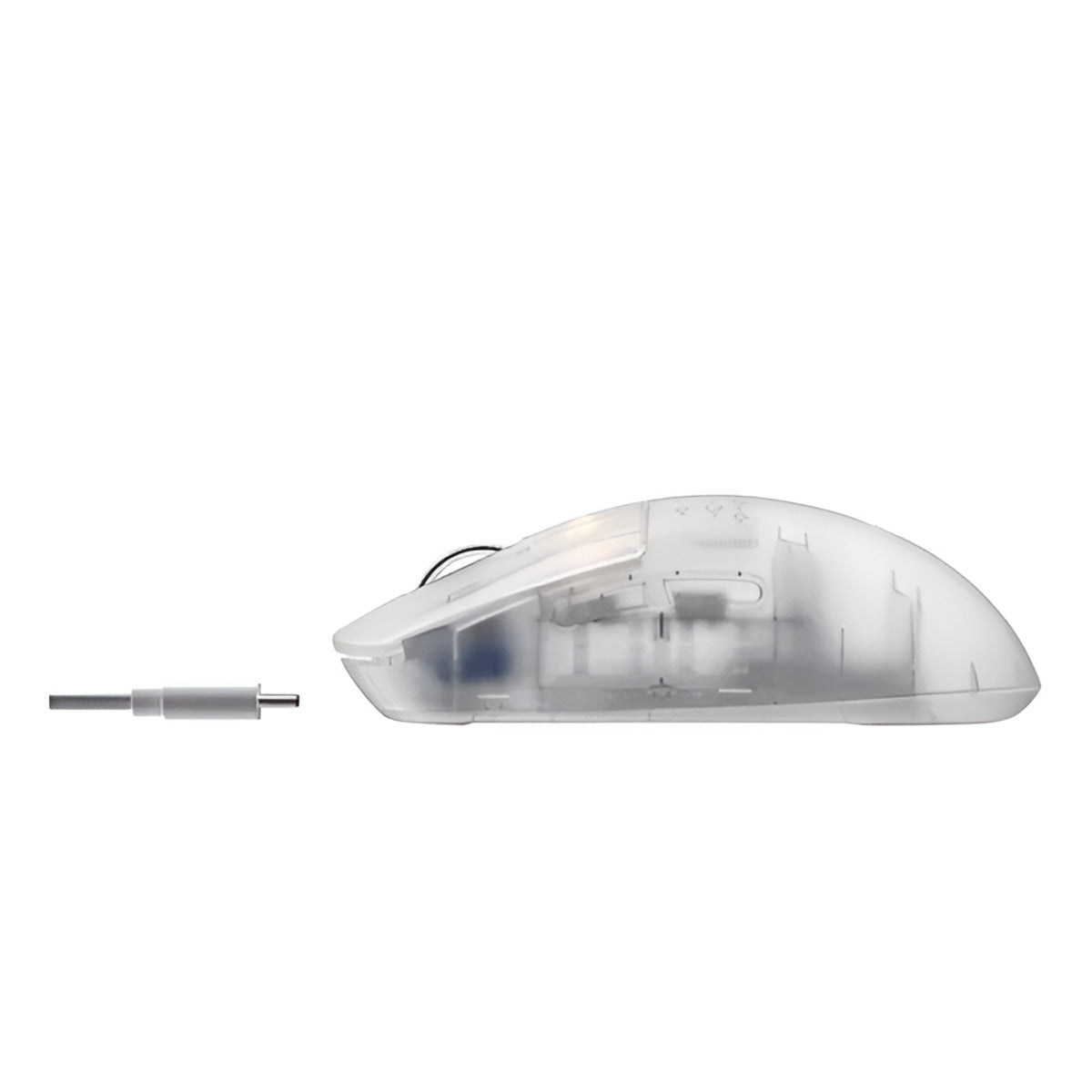 Clear computer mouse with a separate scroll wheel on a white background