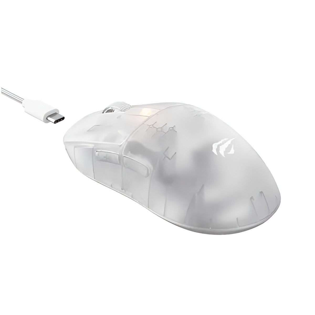 White gaming mouse with USB cable on a white background