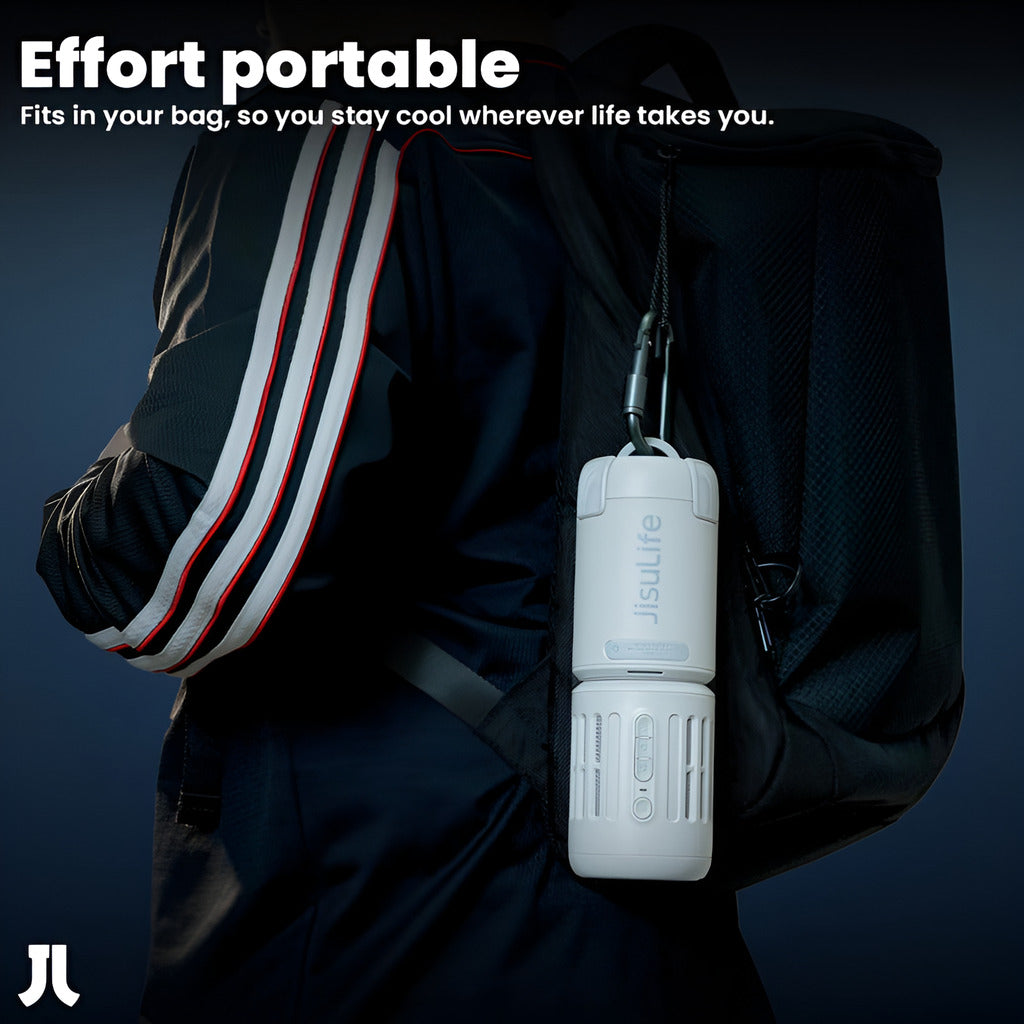 Portable cooling device attached to a backpack with text about portability.