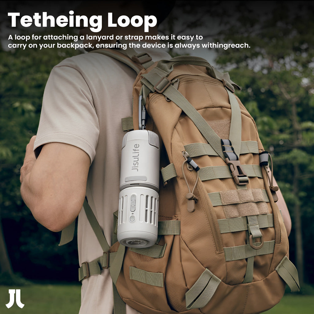 Person wearing a brown backpack with a Jisulite device attached, featuring the Tetheing Loop feature.