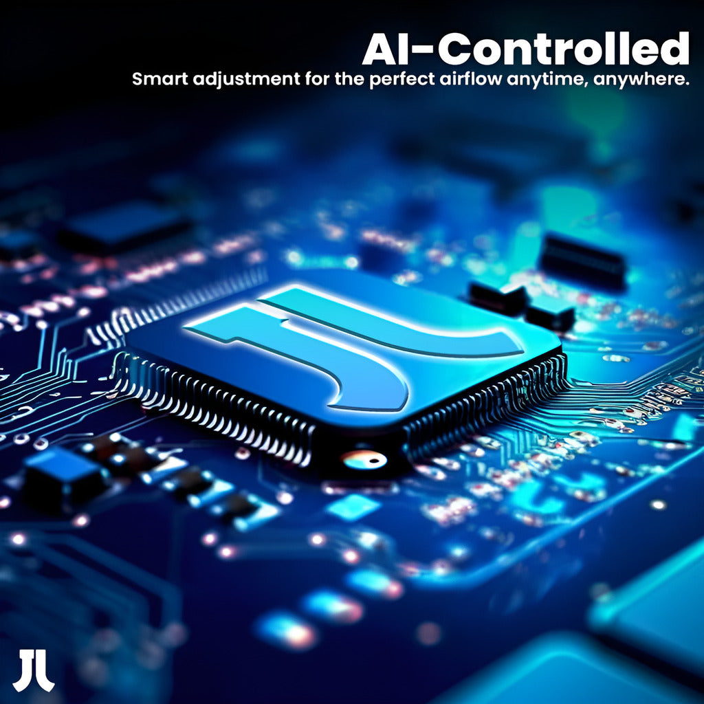 Close-up of a circuit board with electronic components and text about AI-controlled airflow.