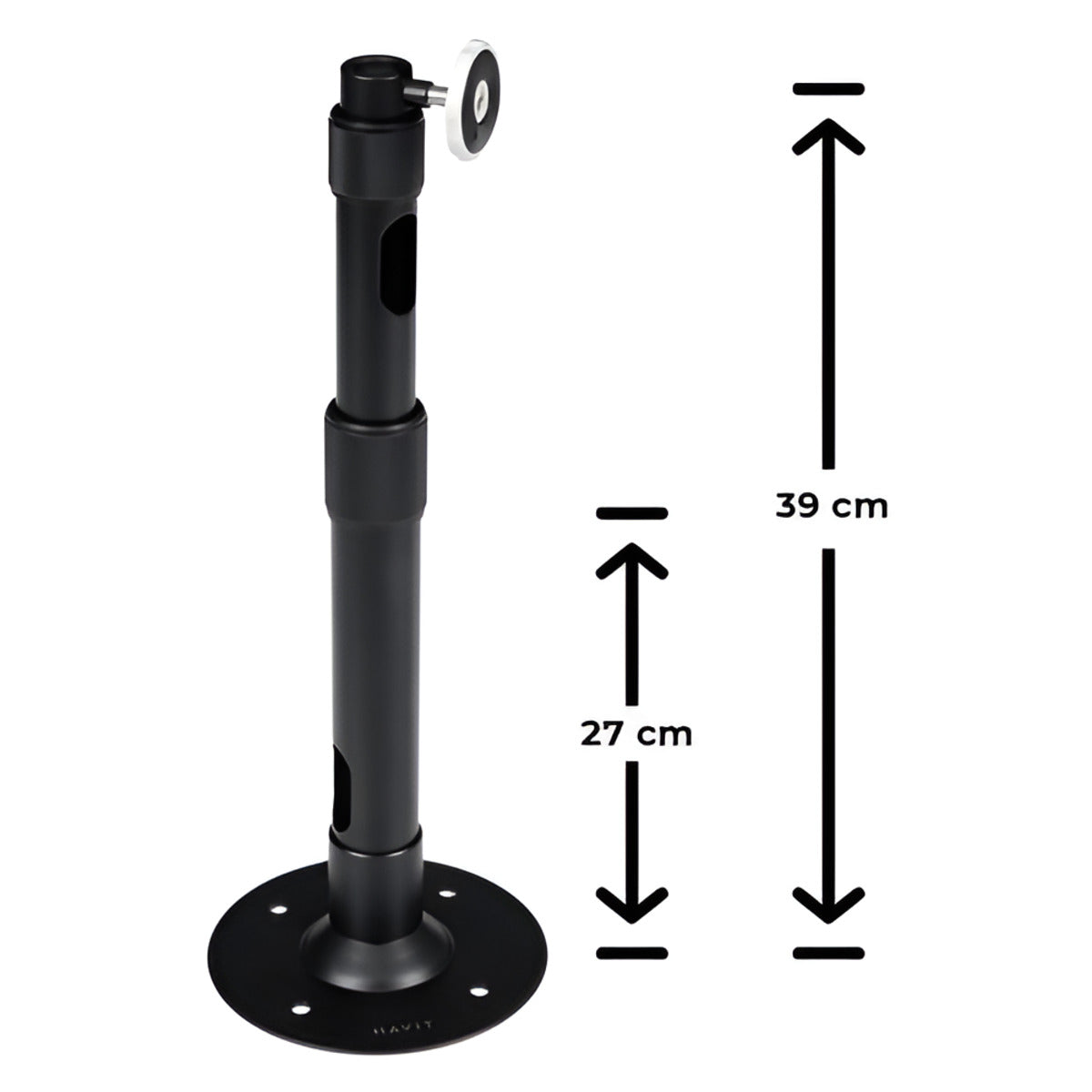 Black adjustable stand with measurements on a white background