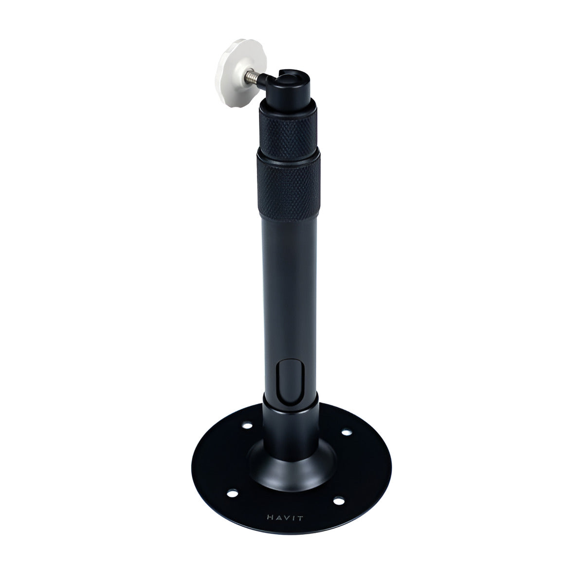 Black adjustable stand with a white wheel on a white background