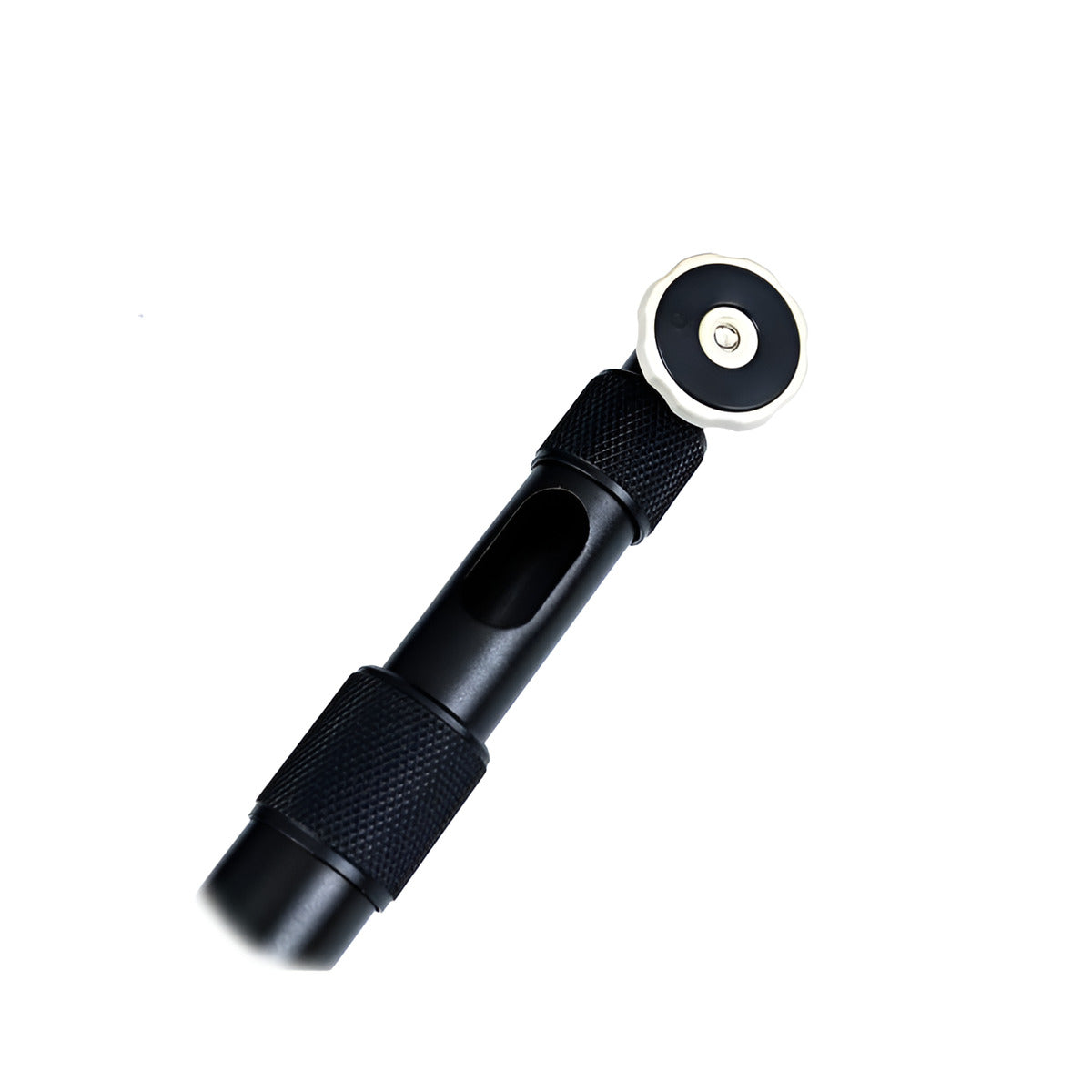 Black tool with a circular component on a white background