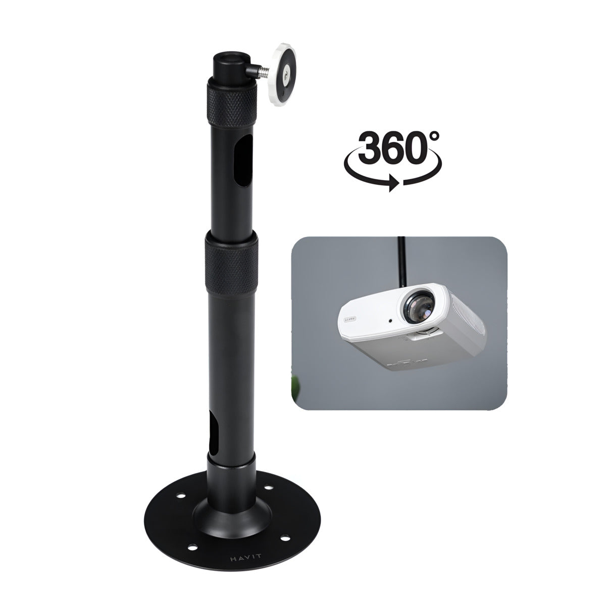 Black adjustable stand with a 360-degree rotation feature and a inset showing a projector on a white background.