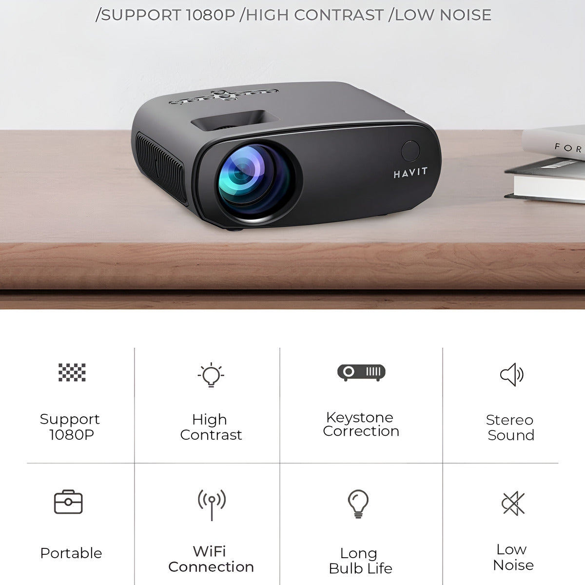 Havit projector on a wooden surface with feature icons and text.