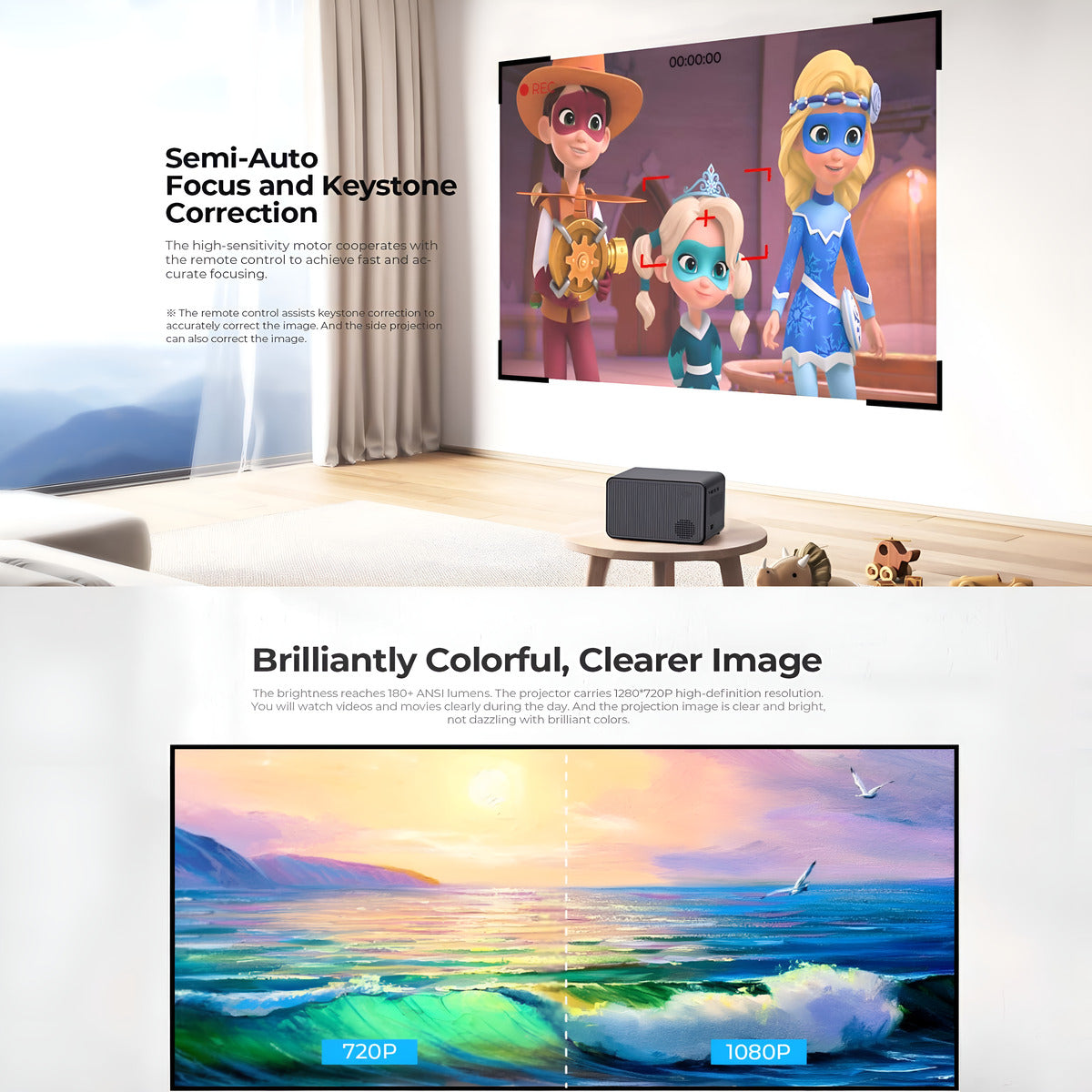 Smart TV displaying animated characters and a scenic view with text about focus and image quality.