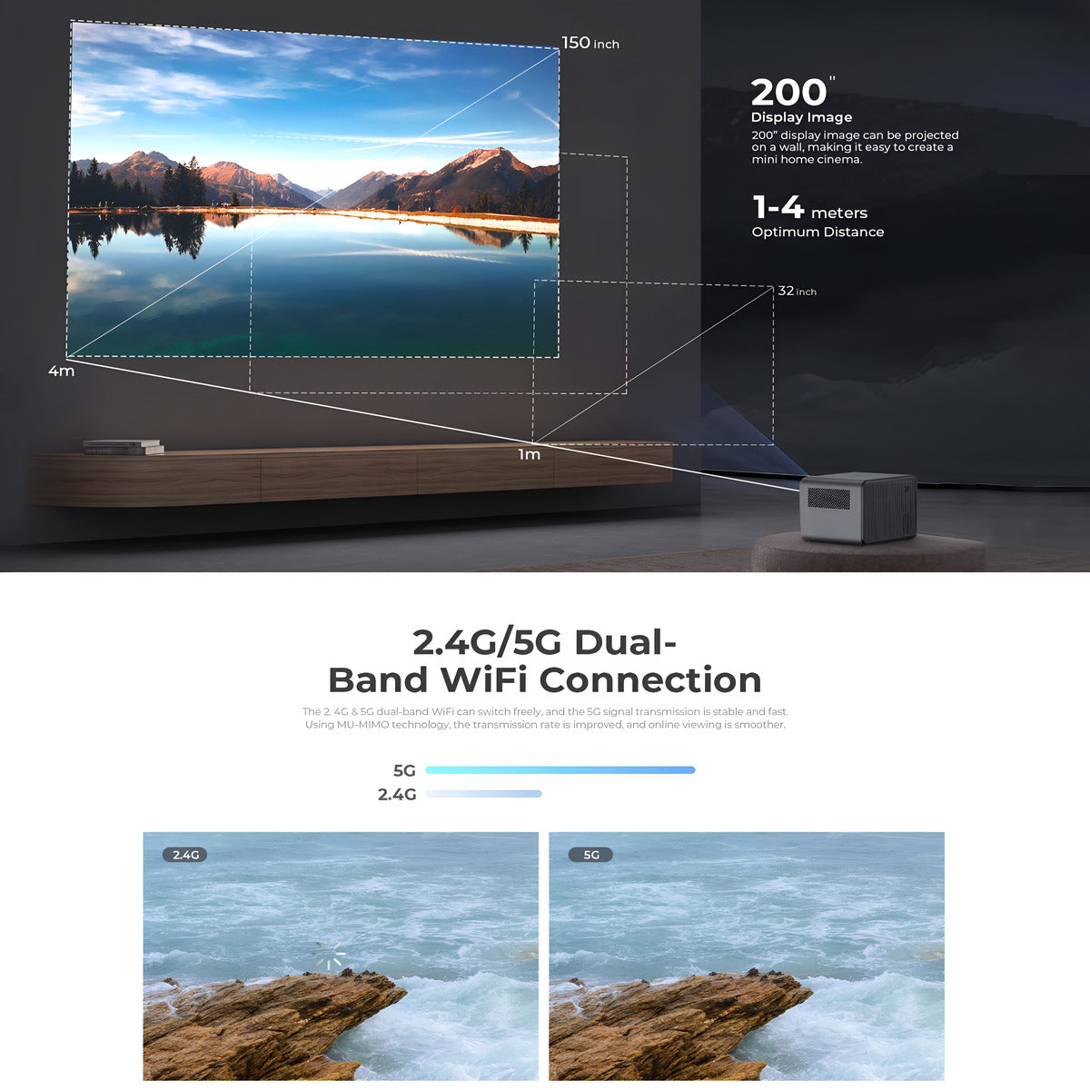 Projector displaying a scenic image with technical specifications on screen