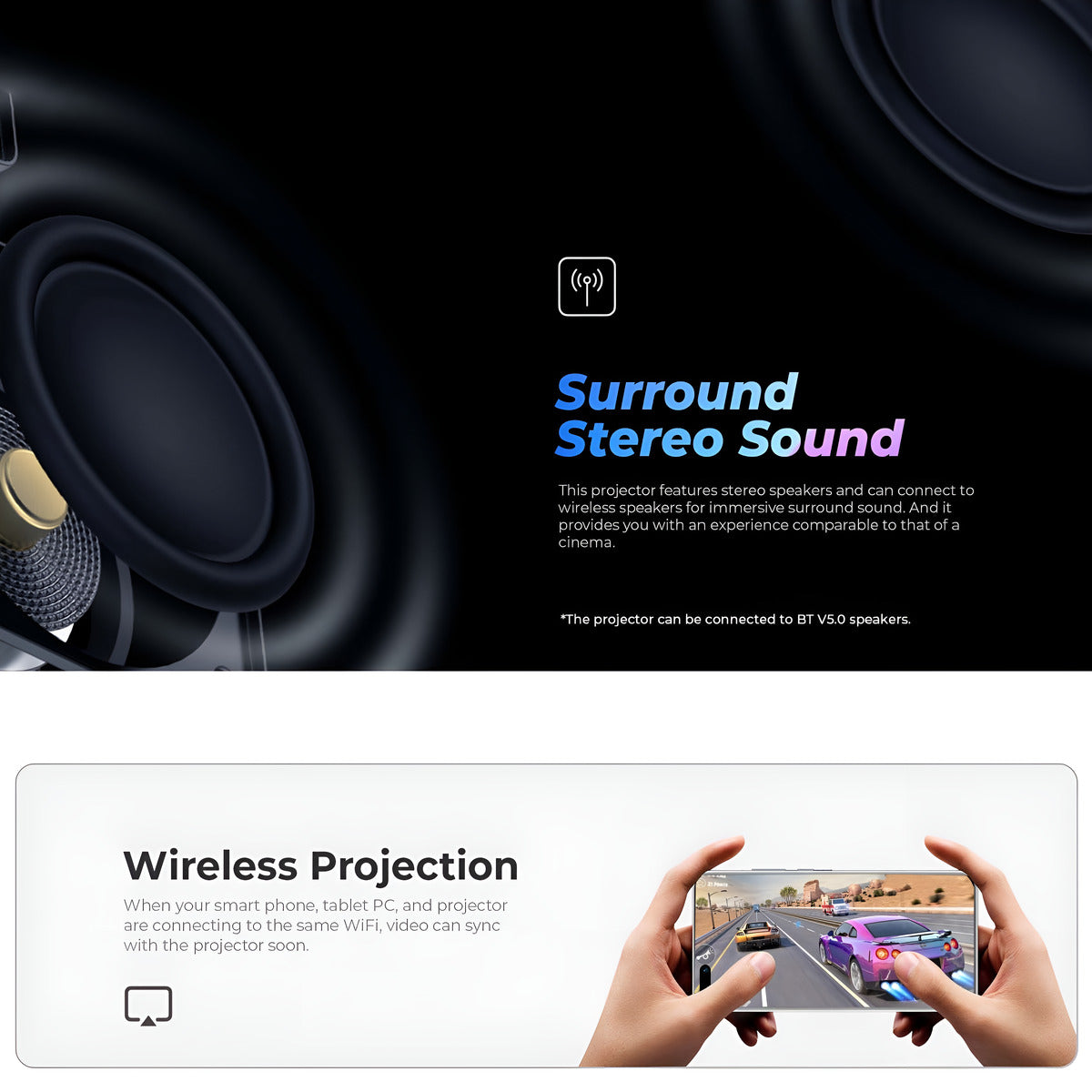 Advertisement for a projector with surround stereo sound and wireless projection features.