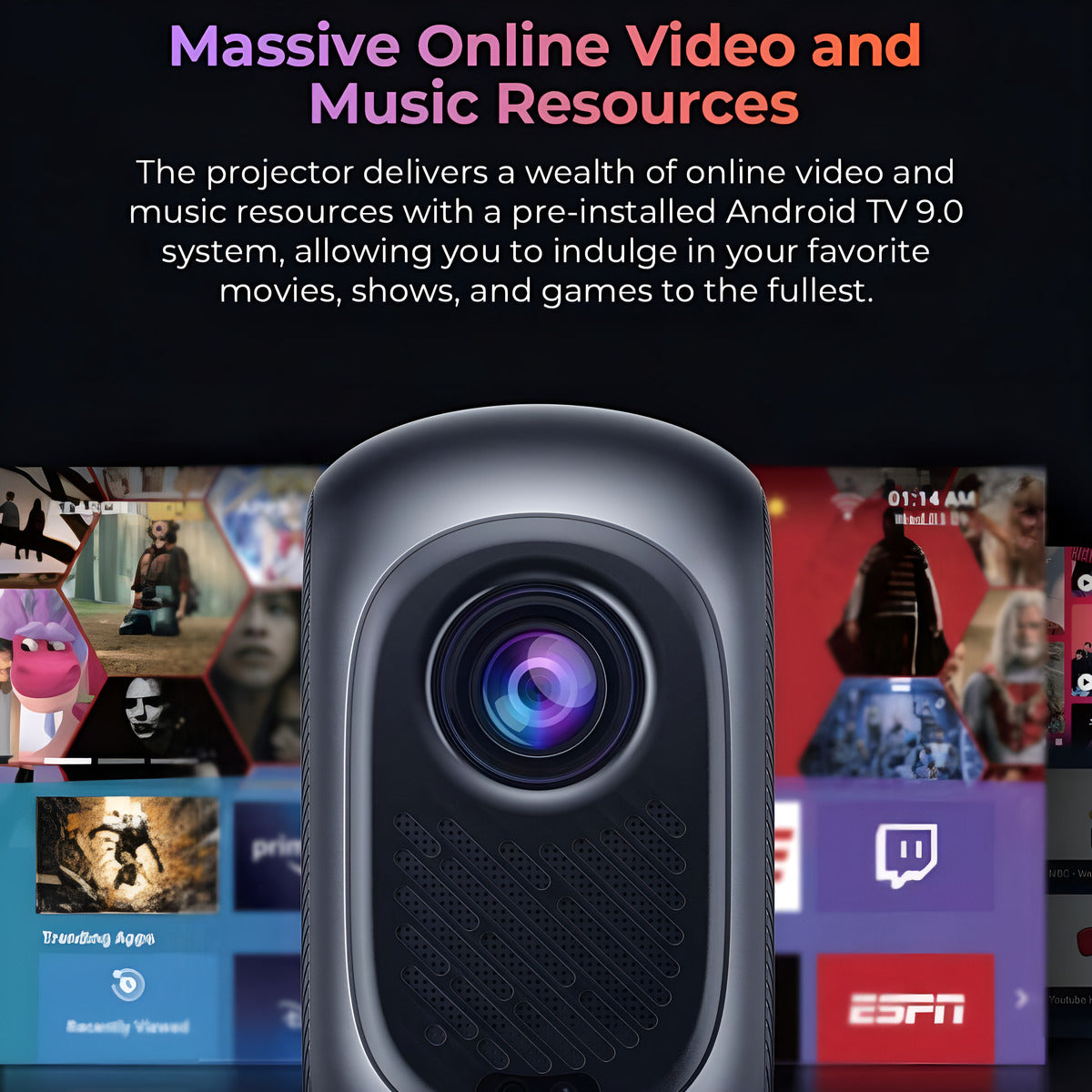 Projector with screen displaying Android TV interface and online resources.