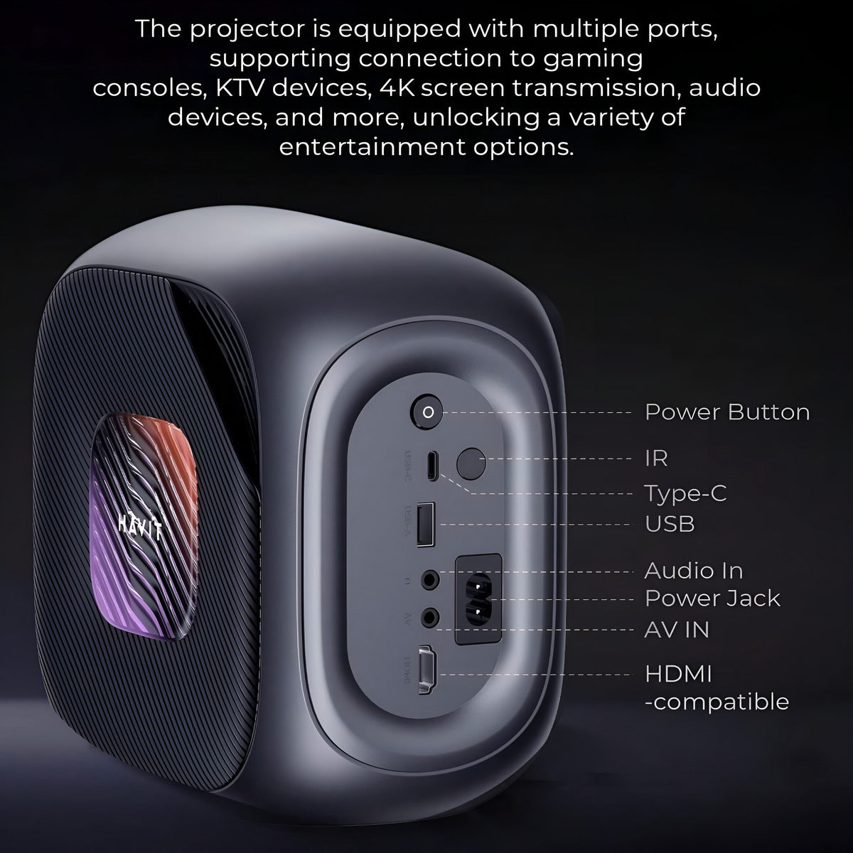 Projector with multiple ports on a dark background