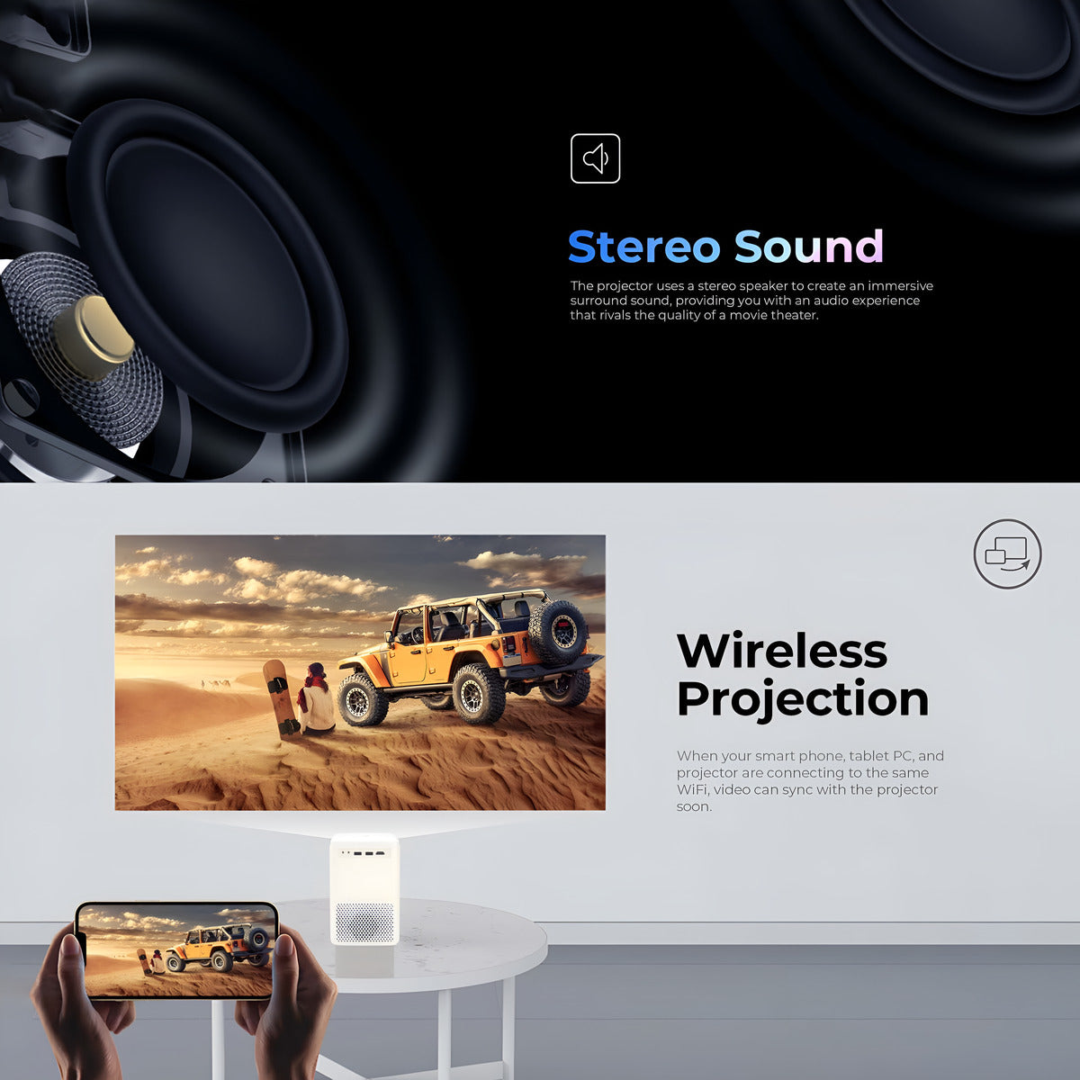 Projector with stereo sound and wireless projection features, displayed on a screen.