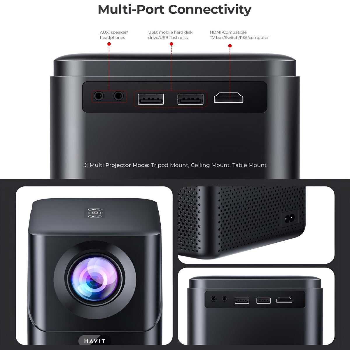 Black projector with multiple ports and connectivity options on a white background