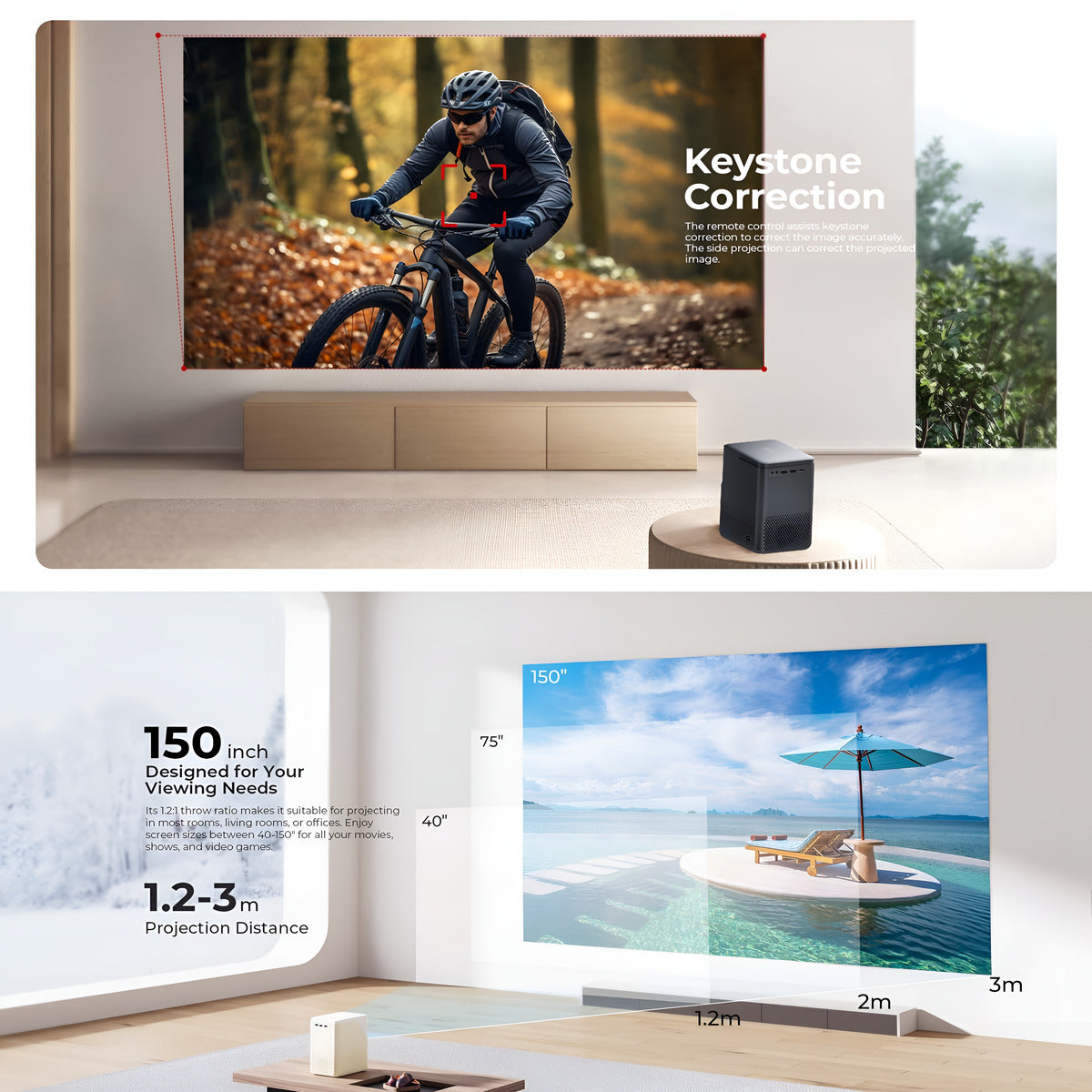 Large screen displaying a cyclist in a forest with Keystone Correction text, showing a beach scene below.