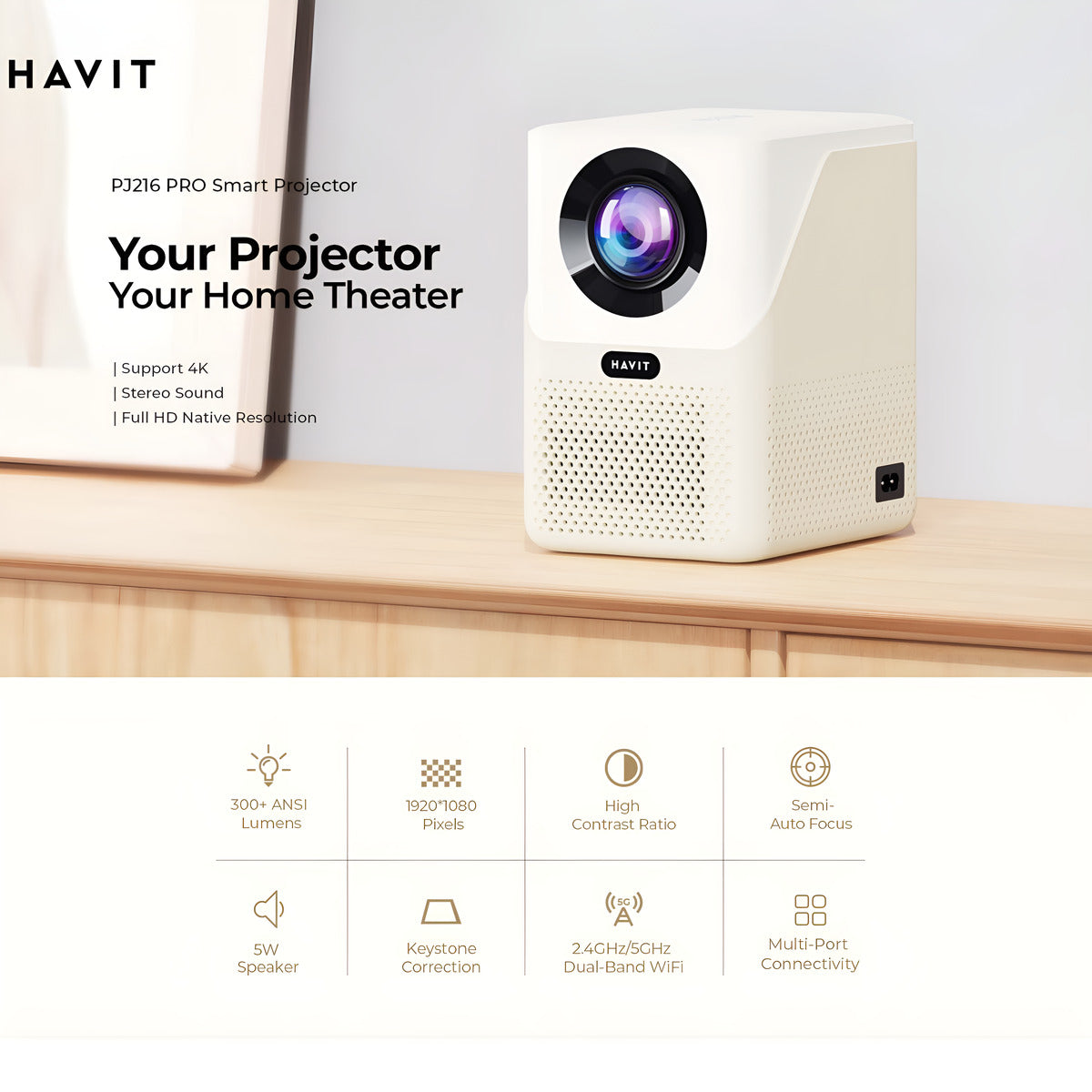 Havit PJ216 PRO Smart Projector on a wooden surface with branding and product features displayed.