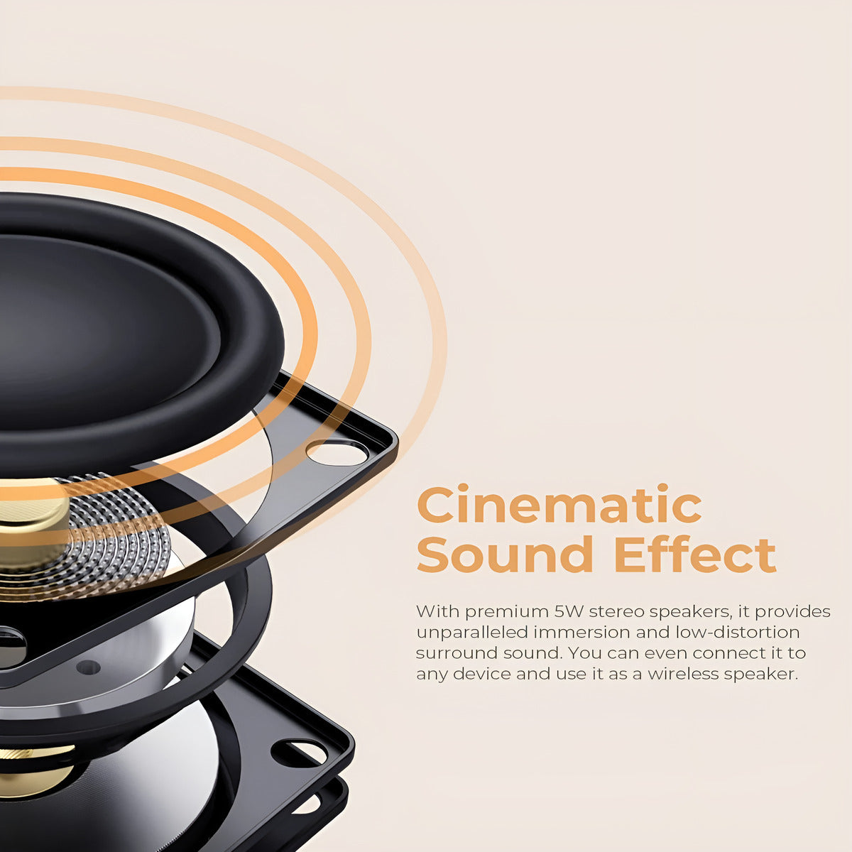 Speaker with text about cinematic sound effect and premium 5W stereo speakers on a beige background