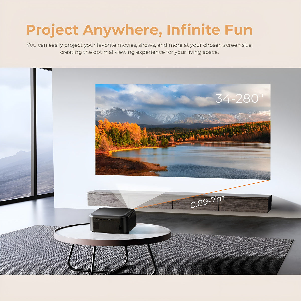 Projector displaying a scenic landscape in a modern living room with text 'Project Anywhere, Infinite Fun'.