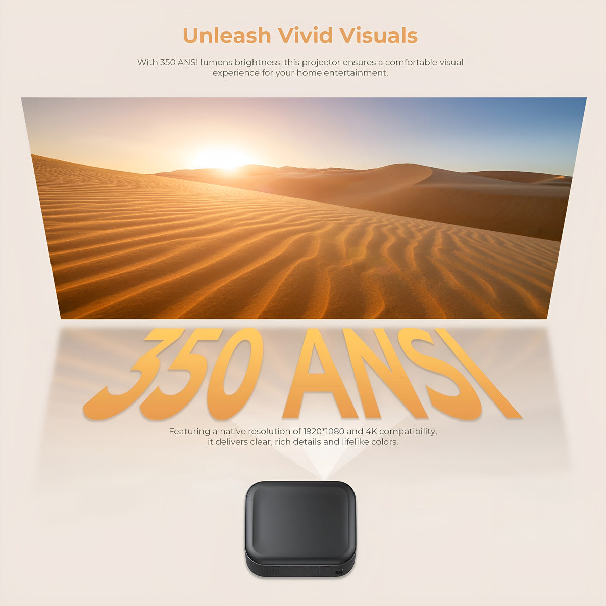 Projector with desert landscape display and '350 ANSI' text on a beige background