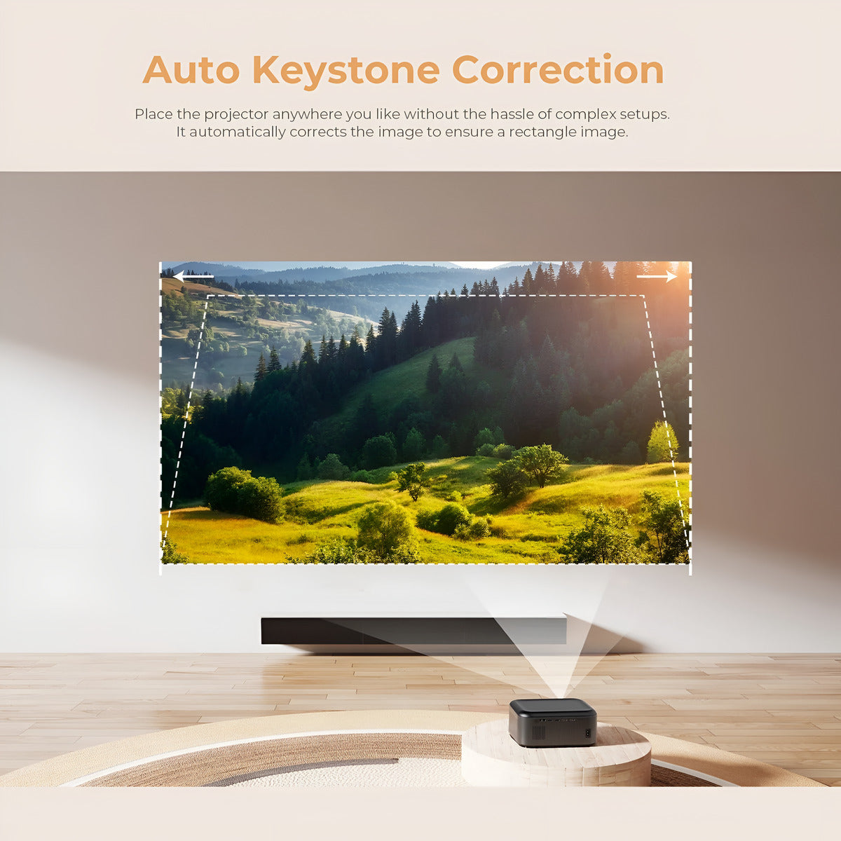 Projector displaying a landscape with Auto Keystone Correction feature on a white wall.