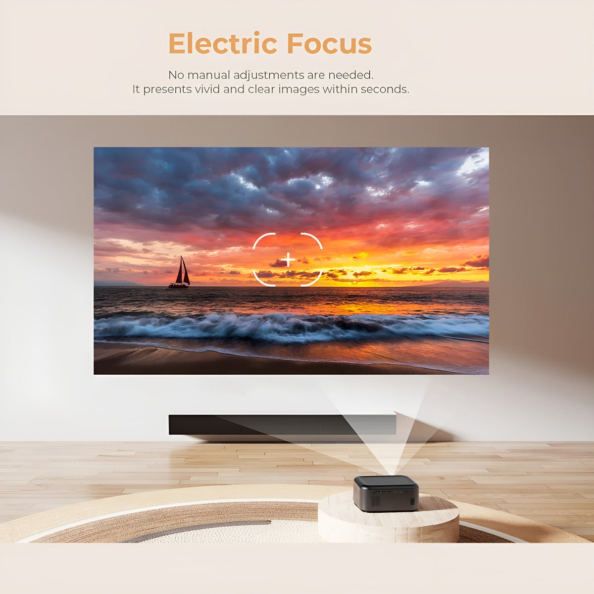 Television displaying a sunset scene with a sailboat, placed on a wooden stand.
