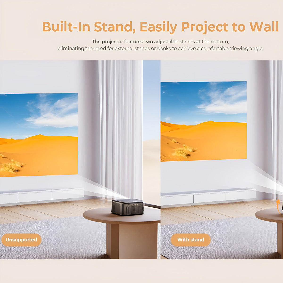 Projector with built-in stand projecting desert scene on wall, text explaining feature.