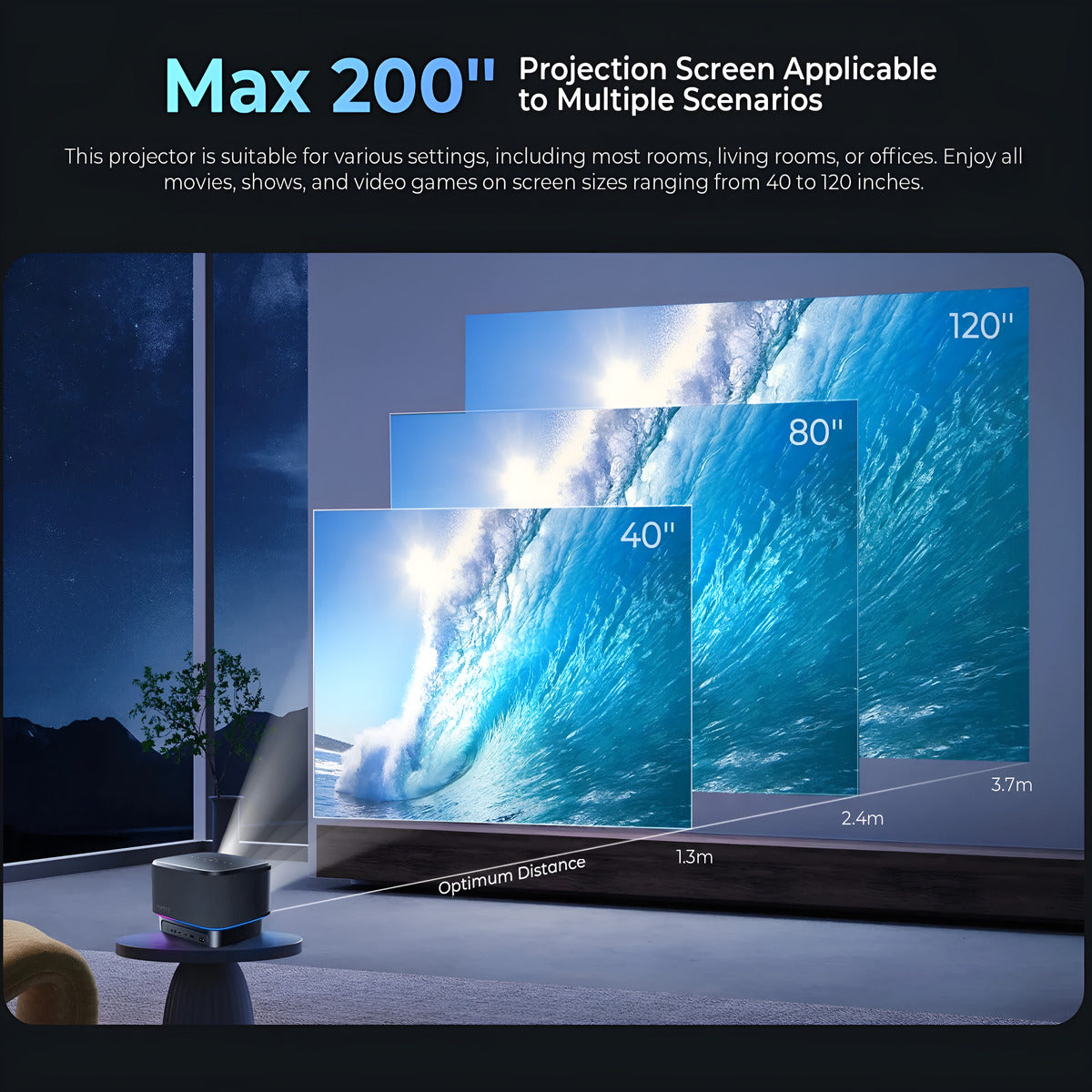 Projector with screen size display in a living room setting