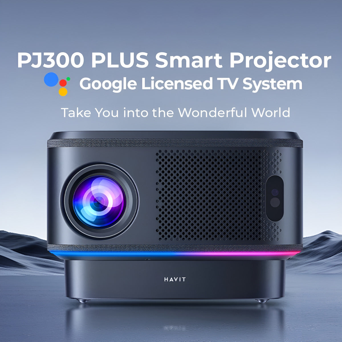 Havit PJ300 Plus Smart Projector with Google Licensed TV System on a blue gradient background