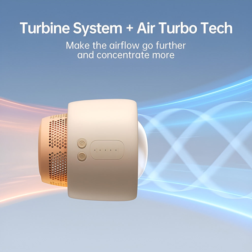 Air purifier with text about turbine system and air turbo tech on a blue background