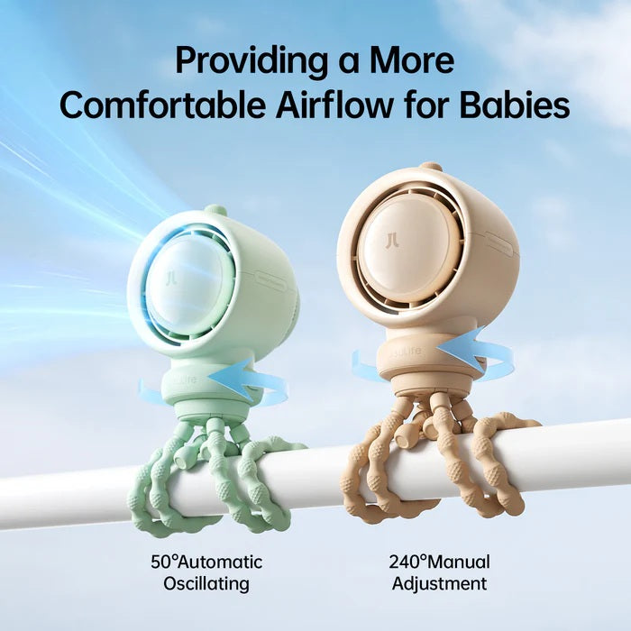 Two baby fans, one green and one beige, on a white bar with text about airflow comfort for babies.