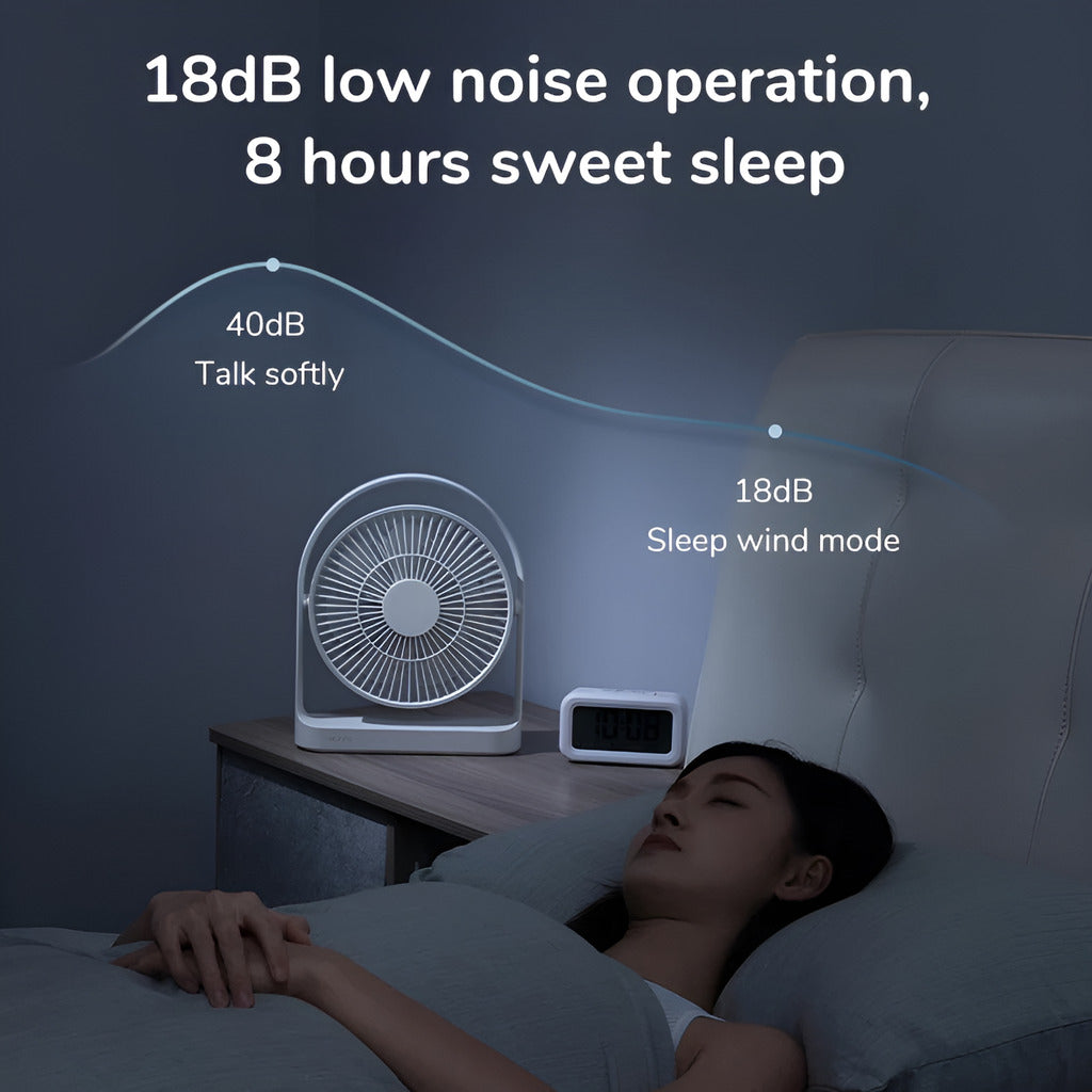 Woman sleeping with a fan on a nightstand, indicating low noise operation and sweet sleep mode.