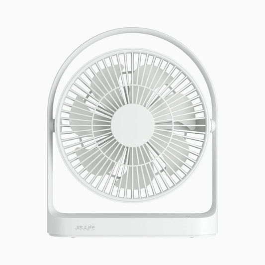 White desk fan with circular design on a white background